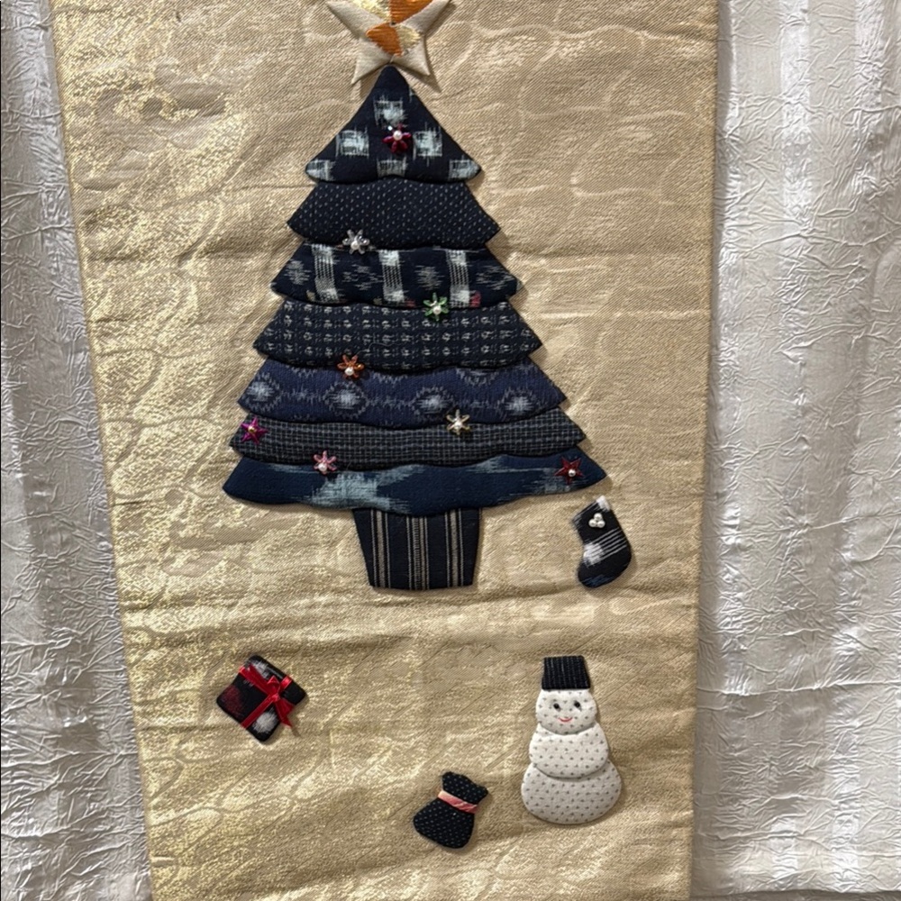 Japanese Festive Gold and Blue Holiday Wall Hanging. Handmade.